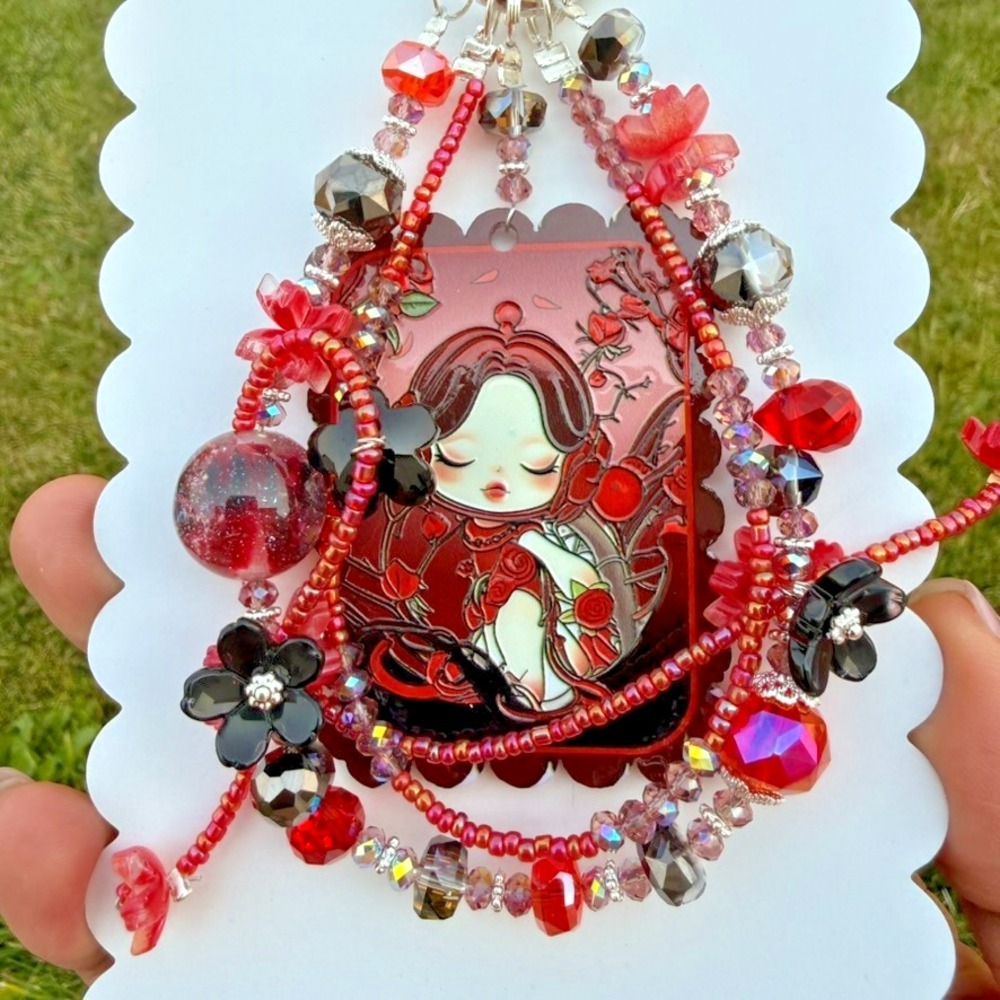Red Rose Girl Phone Wristlet Charm Black Floral Glass Bead Keychain Handmade